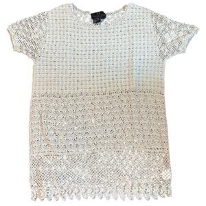 Carole Little Knitwear 100% Cotton Knit White Blouse Crochet Coastal Cottage EUC